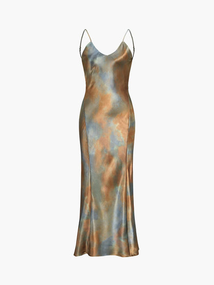 Backless Tie-Dye Satin Maxi Dress | Color Mix | Evening | Satin - ZyraLux Kleding en accessoires