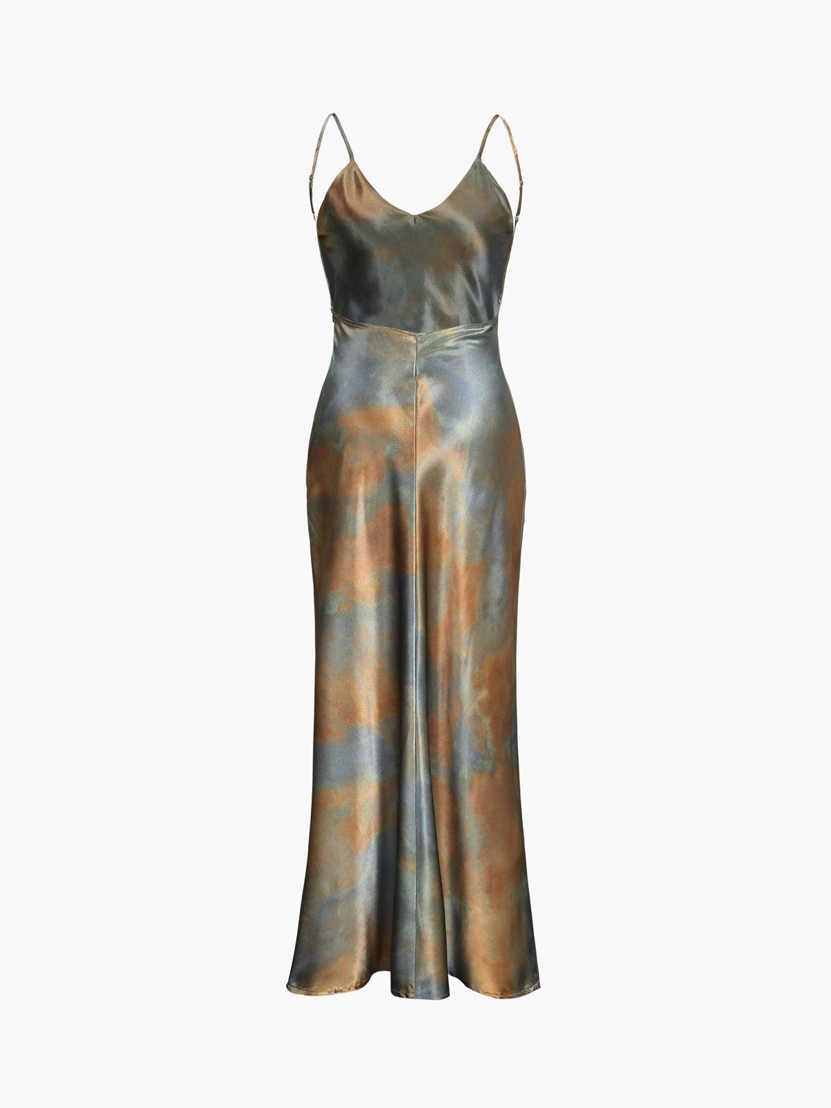 Backless Tie-Dye Satin Maxi Dress | Color Mix | Evening | Satin - ZyraLux Kleding en accessoires