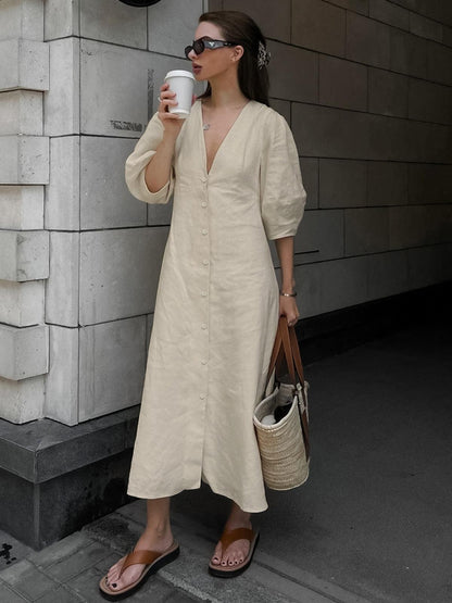 Effortless Linen Buttoned Midi Dress | Multicolor | Casual | Linen Blend - ZyraLux Kleding en accessoires