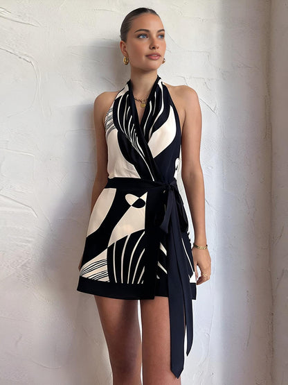 Abstract Halter Wrap Dress | Multicolor | Modern Elegance | Satin Blend - ZyraLux Kleding en accessoires