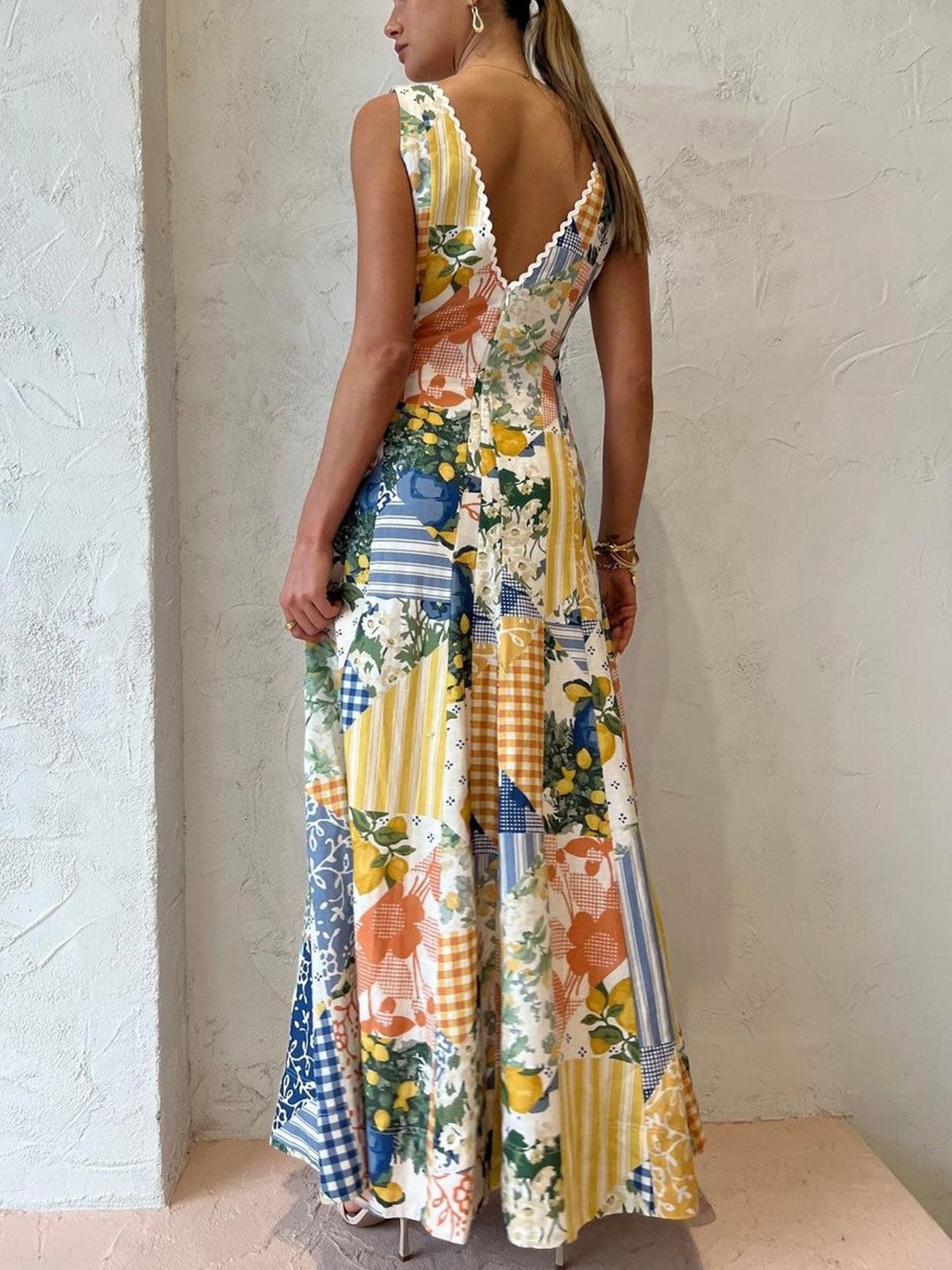 Patchwork V-Neck Maxi Dress | White | Bohemian Charm | Cotton Blend - ZyraLux Kleding en accessoires