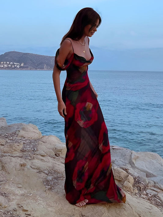 Romantic Floral Maxi Dress | Red | Evening | Chiffon - ZyraLux Kleding en accessoires