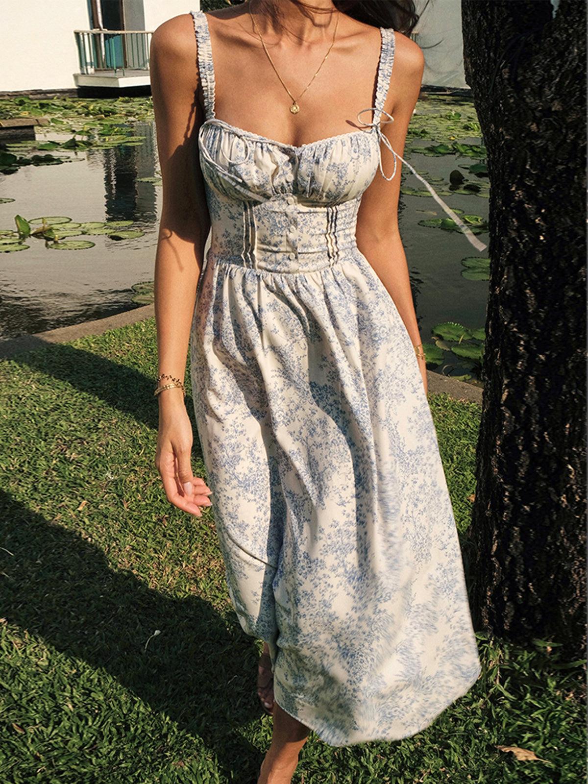 Romantic Floral Corset Midi Dress | Blue | Summer | Chiffon Blend - ZyraLux Kleding en accessoires