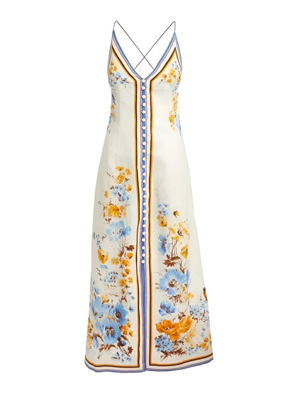 Floral Grace Buttoned Maxi Dress | White | Summer | Linen Blend - ZyraLux Kleding en accessoires