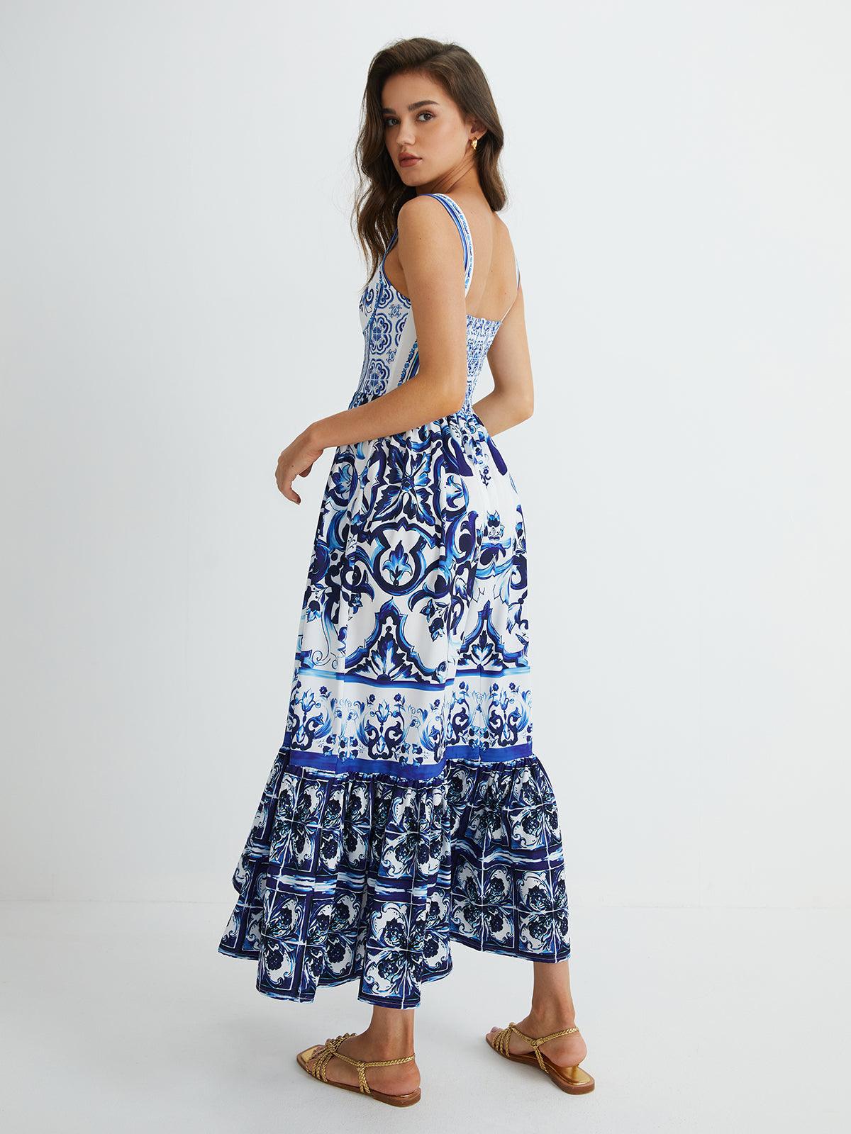 Mediterranean Tile-Print Sundress | Blue | Summer | Cotton - ZyraLux Kleding en accessoires