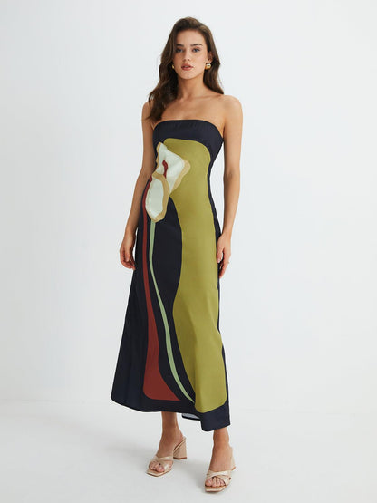 Abstract Elegance Strapless Maxi Dress | Multicolor | Evening | Satin - ZyraLux Kleding en accessoires