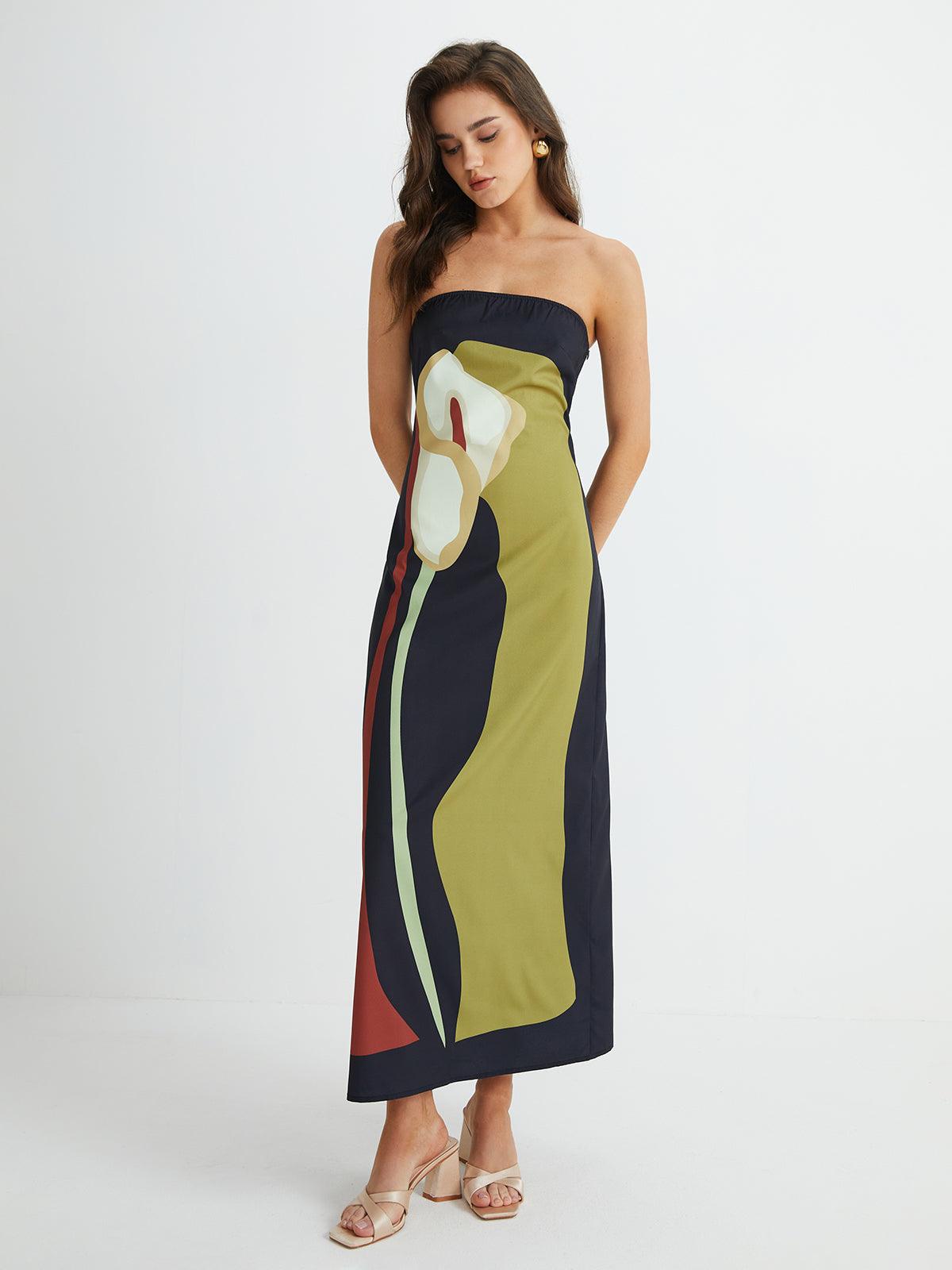 Abstract Elegance Strapless Maxi Dress | Multicolor | Evening | Satin - ZyraLux Kleding en accessoires