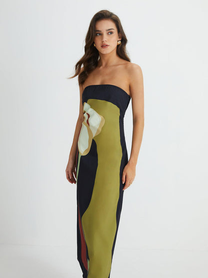 Abstract Elegance Strapless Maxi Dress | Multicolor | Evening | Satin - ZyraLux Kleding en accessoires