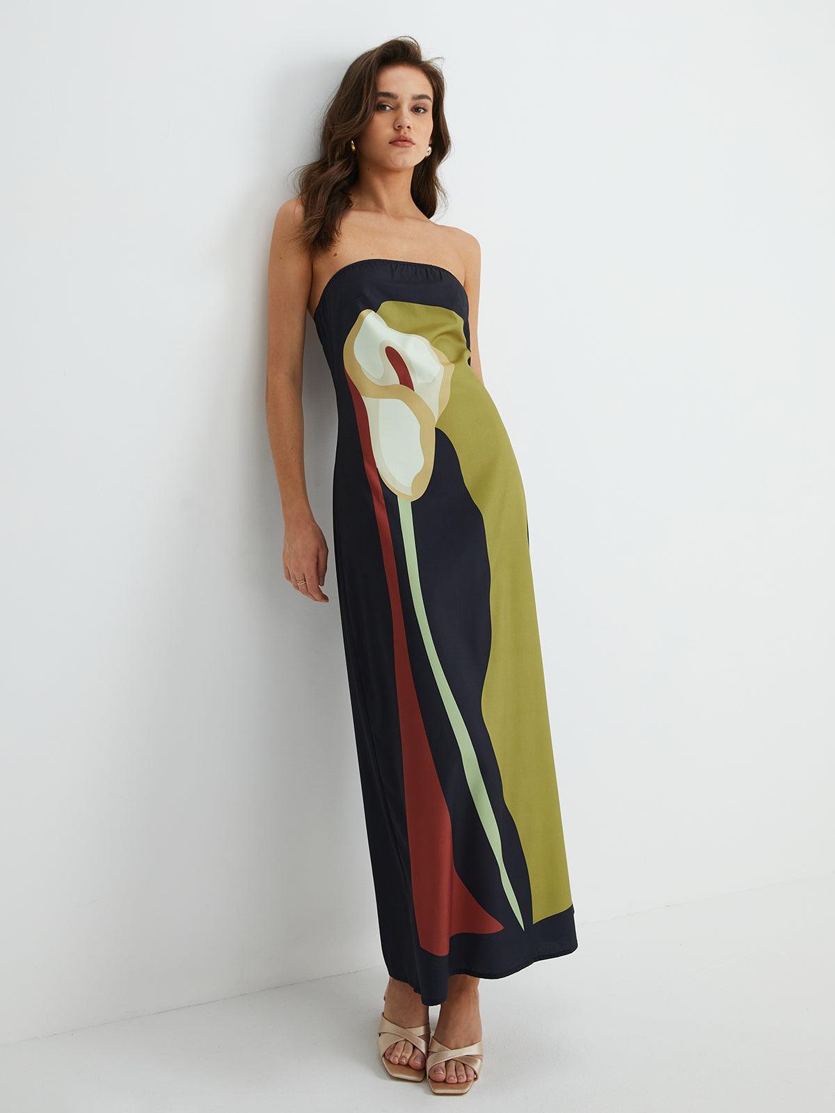 Abstract Elegance Strapless Maxi Dress | Multicolor | Evening | Satin - ZyraLux Kleding en accessoires