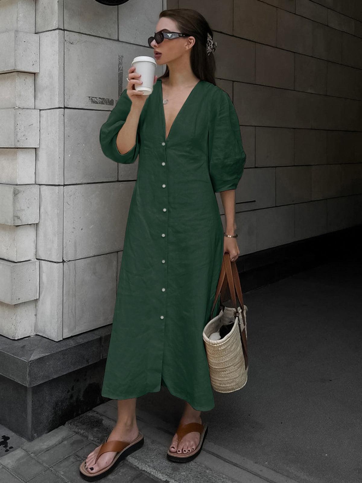 Effortless Linen Buttoned Midi Dress | Multicolor | Casual | Linen Blend - ZyraLux Kleding en accessoires