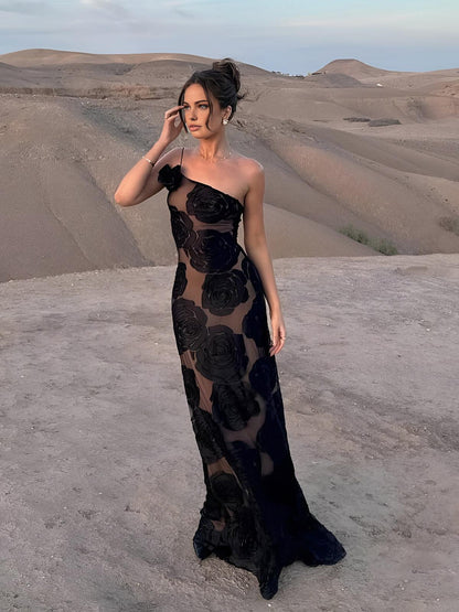 Sheer Floral One-Shoulder Gown | Black | Evening | Mesh & Velvet - ZyraLux Kleding en accessoires