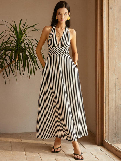 Gestreepte halter maxi-jurk | Wit | Zomer | Katoen