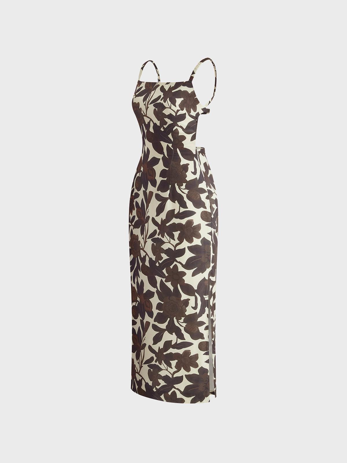 Floral Print Dress with Cutout Detailing | Brown | Elegant & Chic | Sleeveless Design - ZyraLux Kleding en accessoires