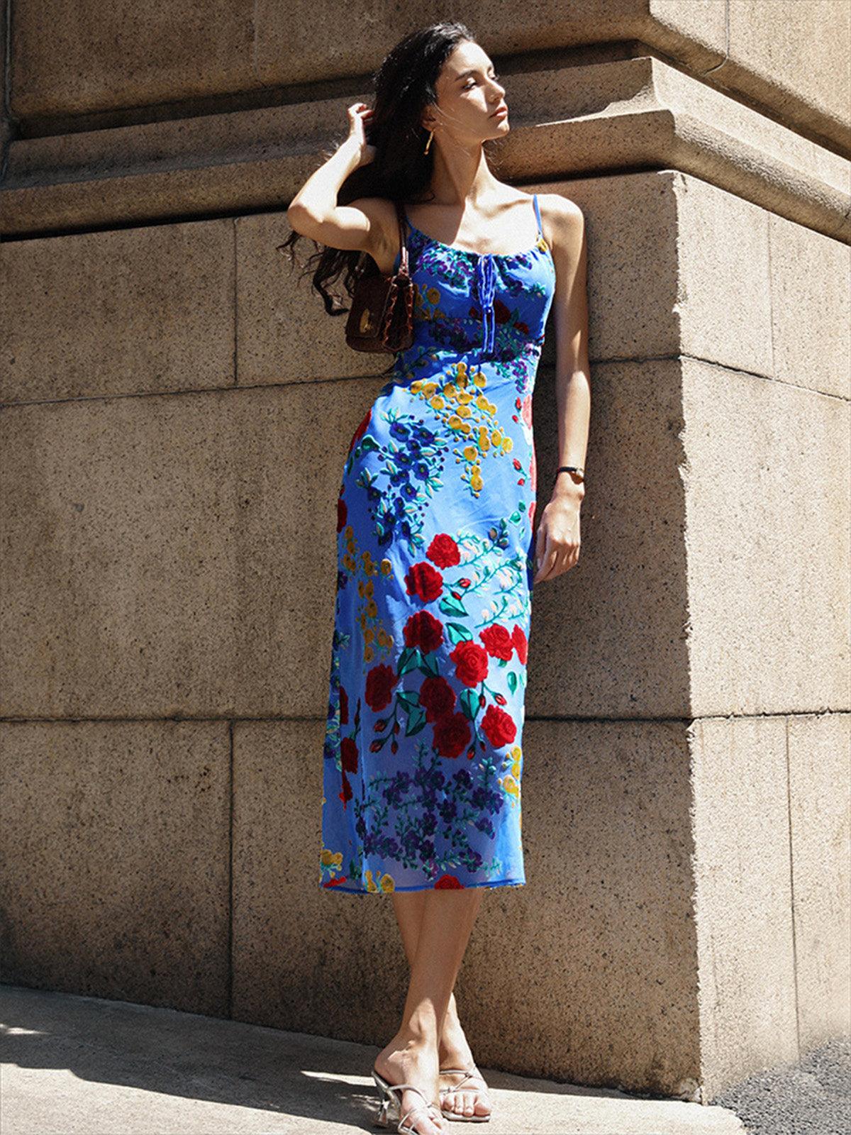 Floral Slip Midi Dress | Blauw | Summer | Satin Blend - ZyraLux Kleding en accessoires