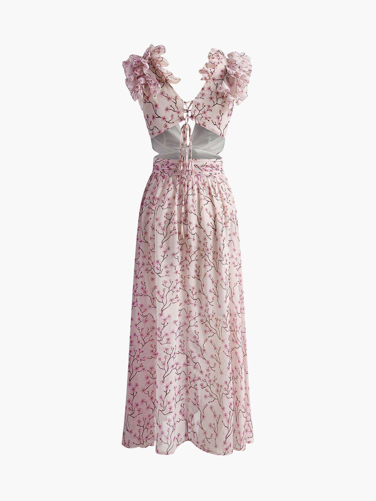 Ruffled Floral Maxi Dress | Pink | Garden Party | Chiffon - ZyraLux Kleding en accessoires