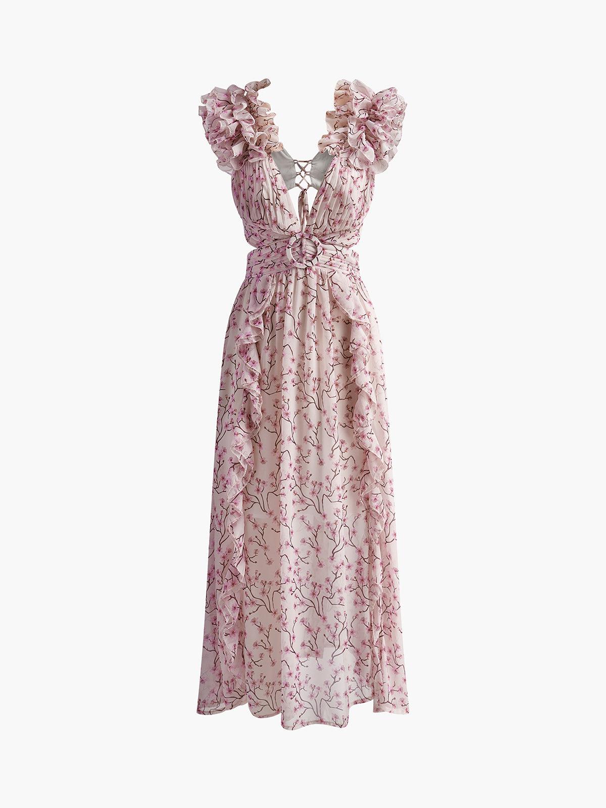 Ruffled Floral Maxi Dress | Pink | Garden Party | Chiffon - ZyraLux Kleding en accessoires