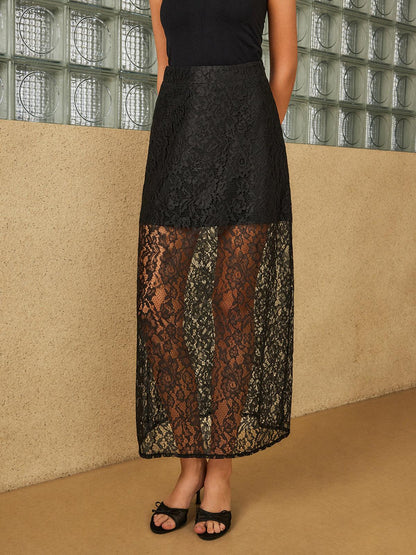 Elegant Lace Overlay Dress | Black | Evening Wear | Lace and Satin - ZyraLux Kleding en accessoires