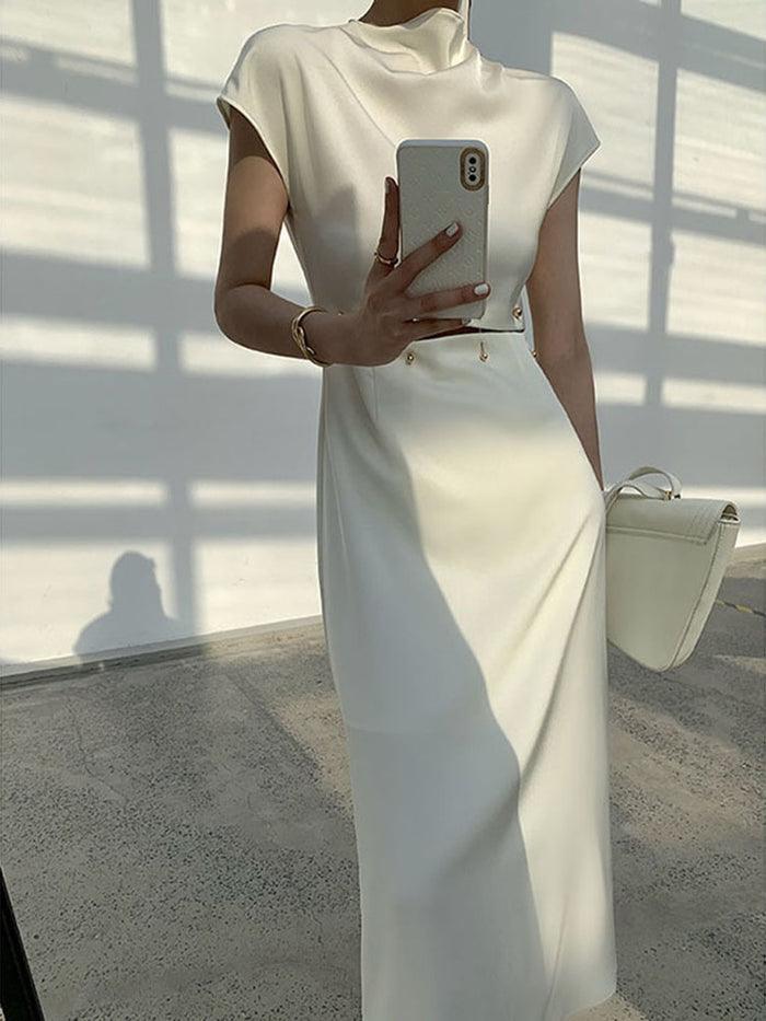 Draped Satin Midi Dress | White | Evening | Satin - ZyraLux Kleding en accessoires