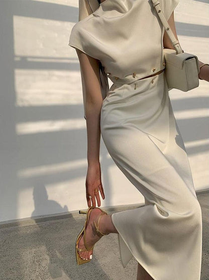 Draped Satin Midi Dress | White | Evening | Satin - ZyraLux Kleding en accessoires