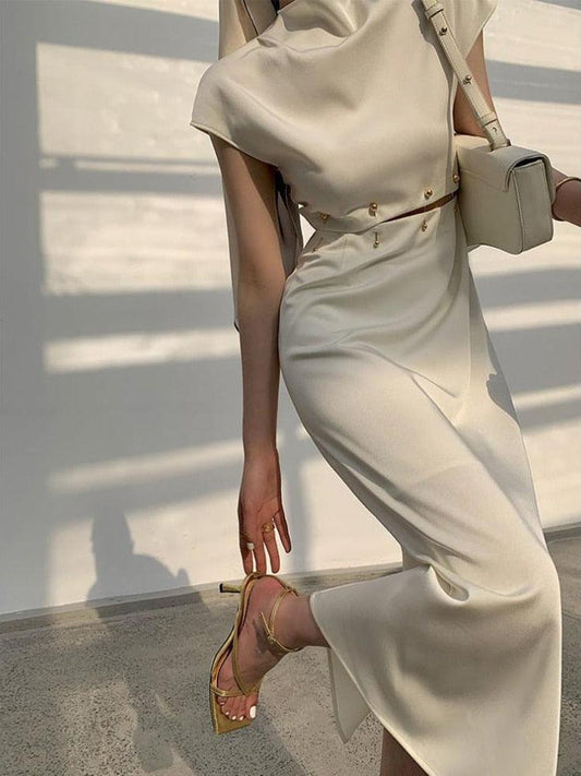 Draped Satin Midi Dress | White | Evening | Satin - ZyraLux Kleding en accessoires