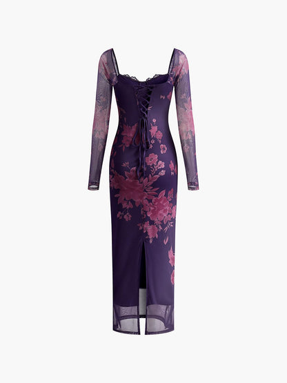 Floral Mesh Bodycon Dress | Purple | Evening Glamour | Sheer Mesh - ZyraLux Kleding en accessoires