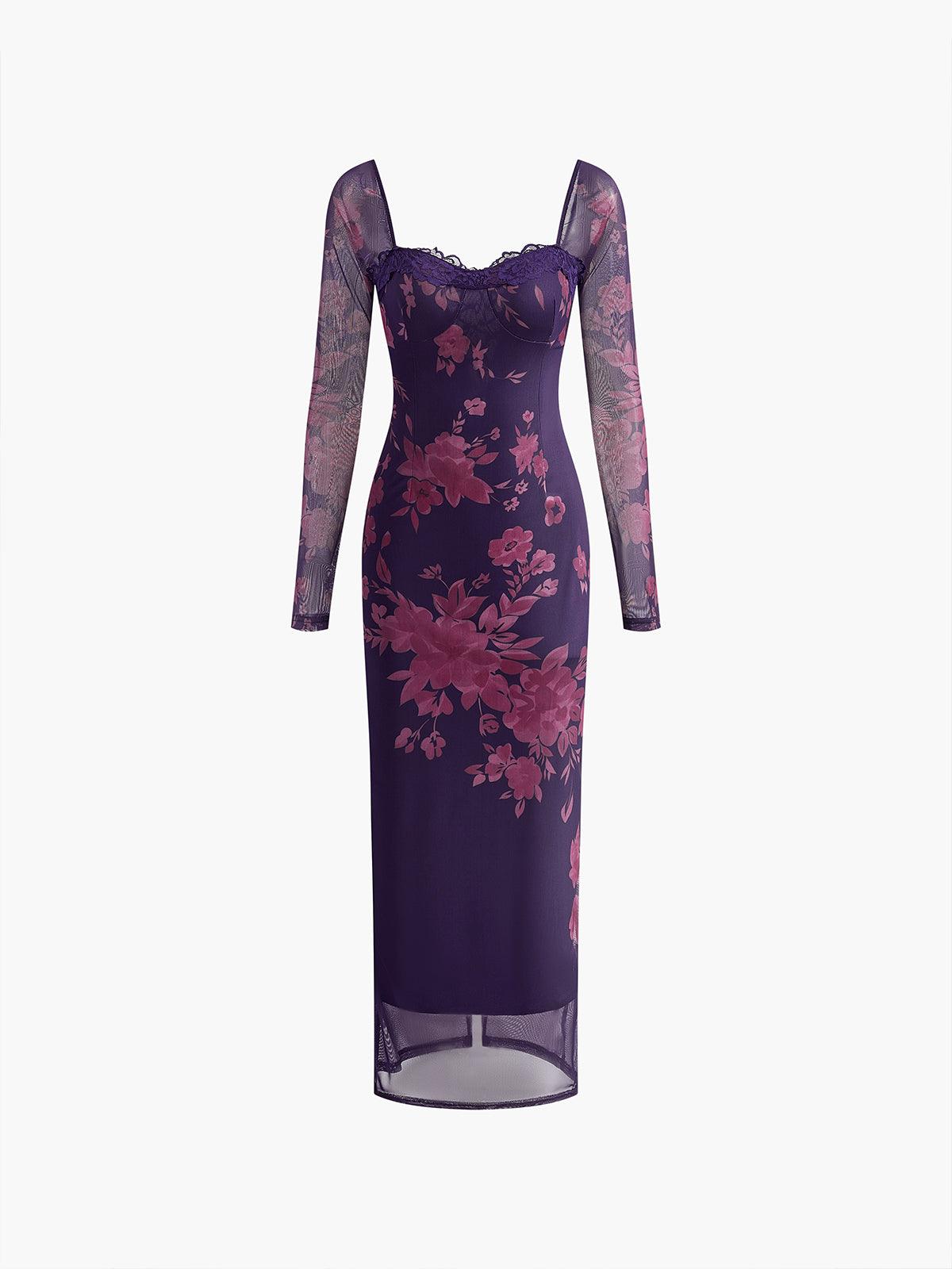 Floral Mesh Bodycon Dress | Purple | Evening Glamour | Sheer Mesh - ZyraLux Kleding en accessoires