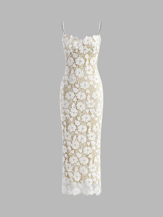 Floral Lace Midi Dress | White | Evening Elegance | Lace - ZyraLux Kleding en accessoires