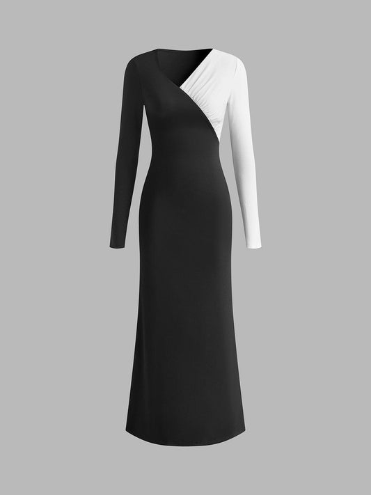 Asymmetrical Two-Tone Long Sleeve Dress | Black | Evening Wear | Stretch Knit - ZyraLux Kleding en accessoires