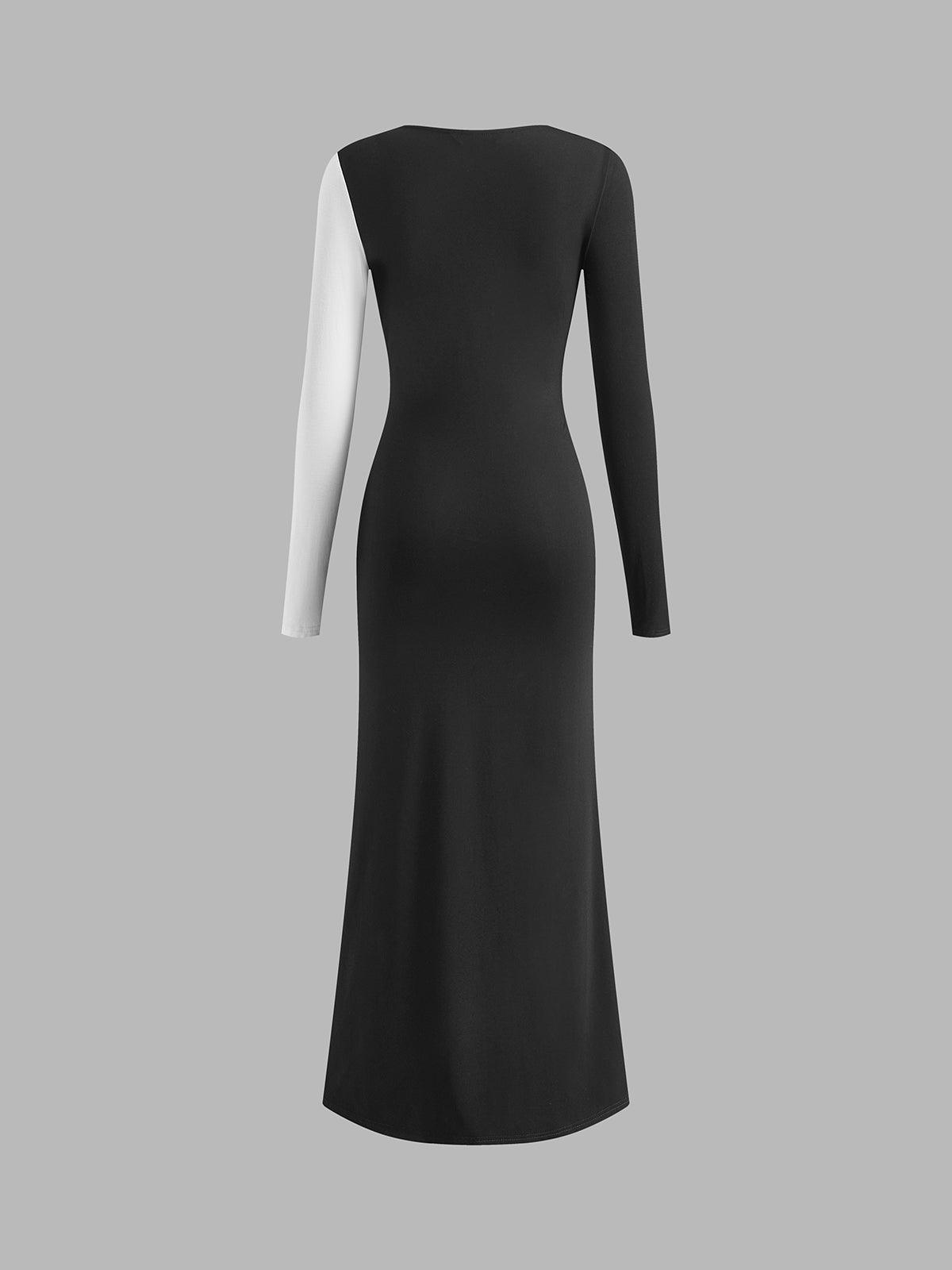 Asymmetrical Two-Tone Long Sleeve Dress | Black | Evening Wear | Stretch Knit - ZyraLux Kleding en accessoires