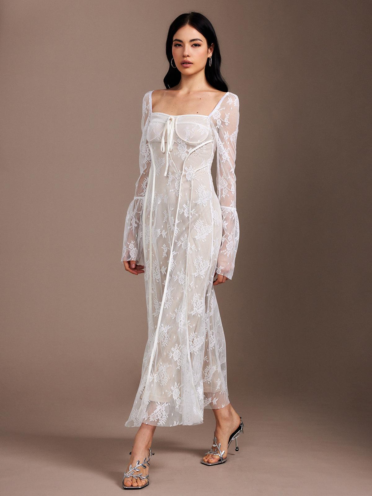 Ethereal Lace Maxi Dress | White | Formal | Lace - ZyraLux Kleding en accessoires