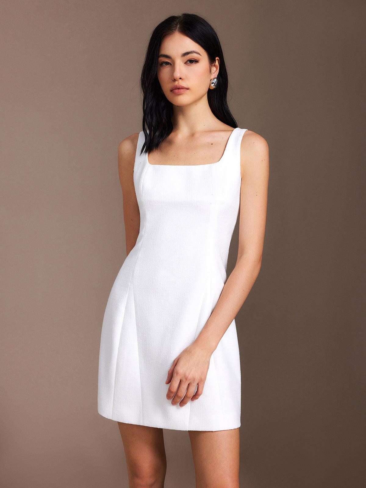 Minimalist Square-Neck Mini Dress | White | Cocktail | Textured Fabric - ZyraLux Kleding en accessoires