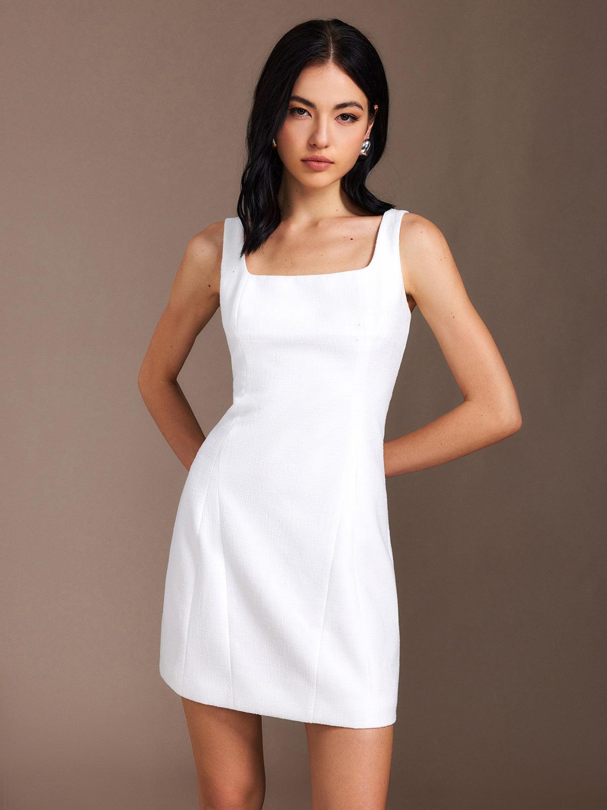 Minimalist Square-Neck Mini Dress | White | Cocktail | Textured Fabric - ZyraLux Kleding en accessoires