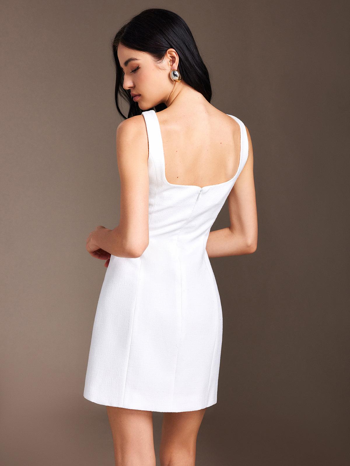 Minimalist Square-Neck Mini Dress | White | Cocktail | Textured Fabric - ZyraLux Kleding en accessoires