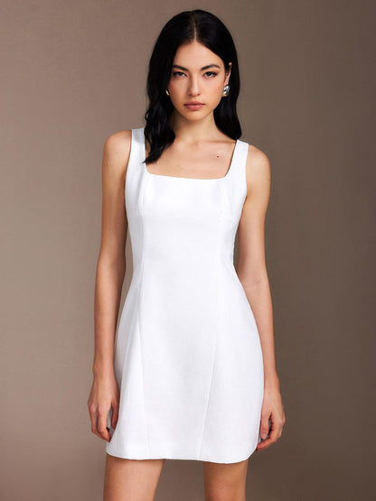 Minimalist Square-Neck Mini Dress | White | Cocktail | Textured Fabric - ZyraLux Kleding en accessoires