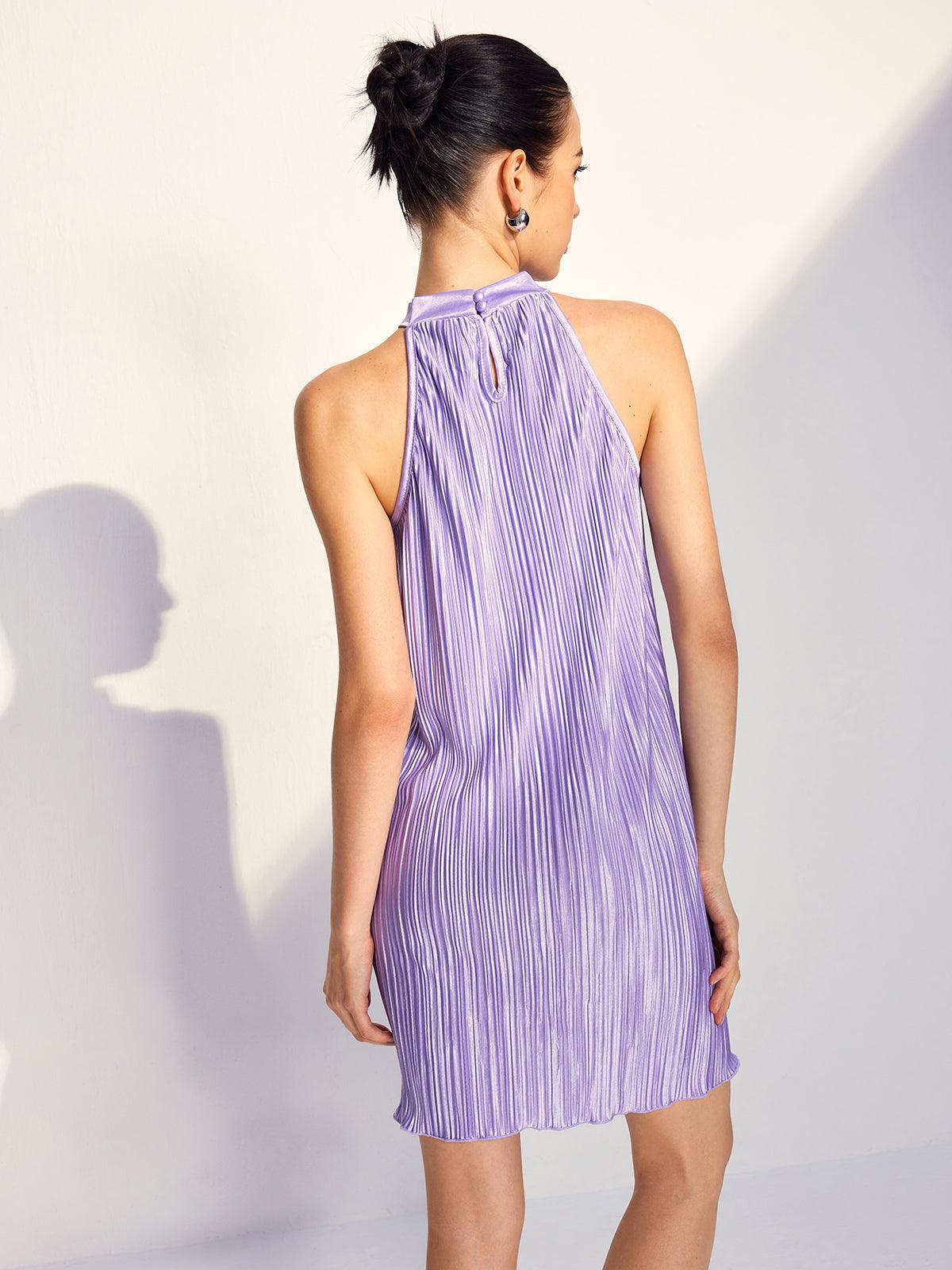 Pleated Halter Mini Dress | Purple | Cocktail | Satin - ZyraLux Kleding en accessoires