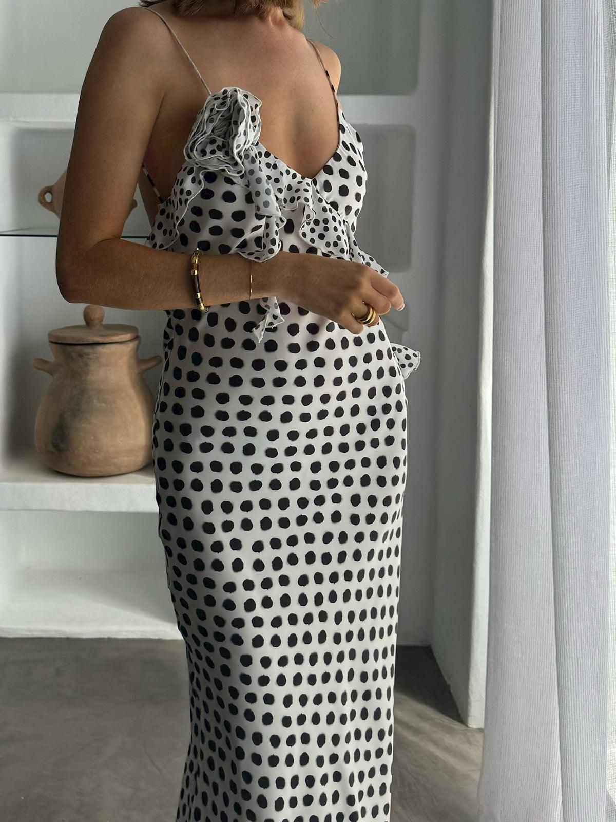 Elegant Backless Polka Dot Dress | White | Evening Wear | Satin - ZyraLux Kleding en accessoires