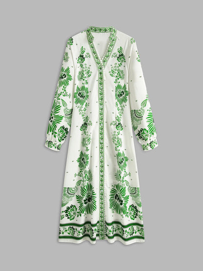 Vintage Kaftan met bloemenprint | Groen | Resortkleding | Katoenmix