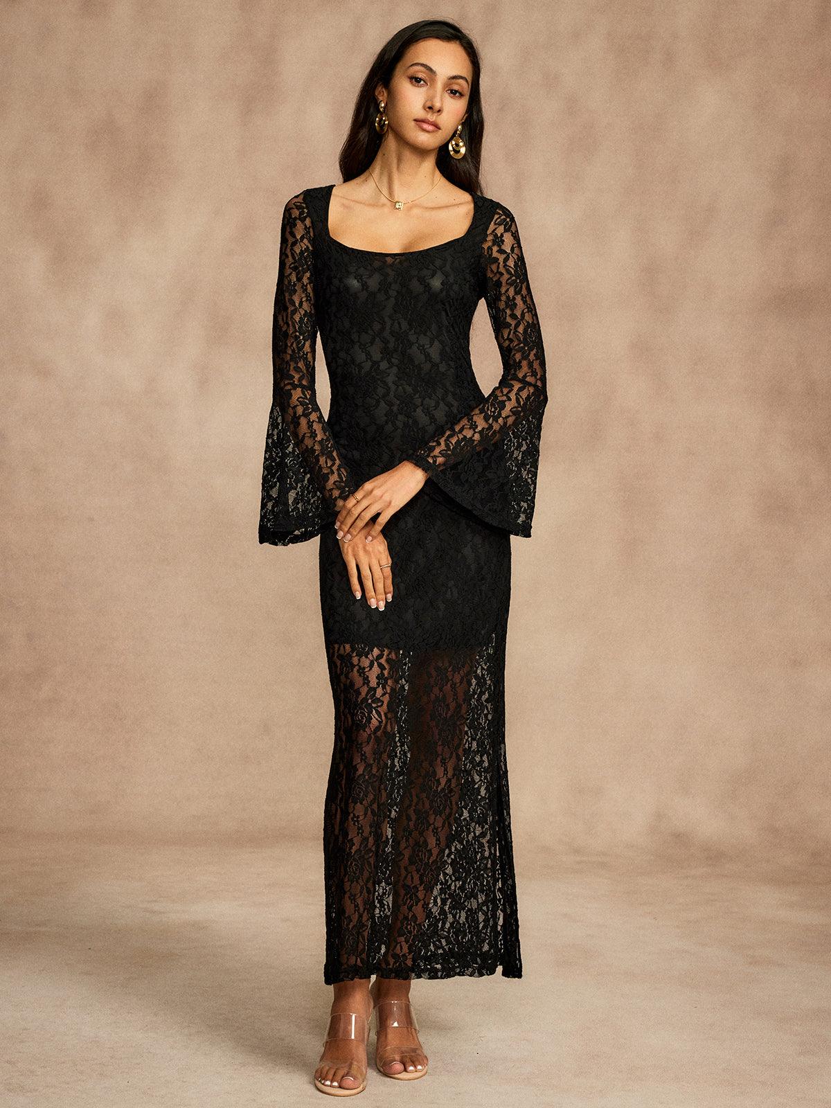 Elegant Lace Bell Sleeve Dress | Black | Evening | Lace - ZyraLux Kleding en accessoires