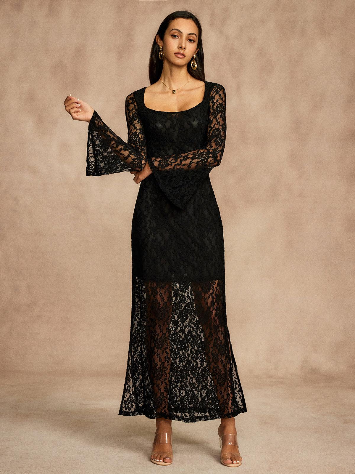 Elegant Lace Bell Sleeve Dress | Black | Evening | Lace - ZyraLux Kleding en accessoires