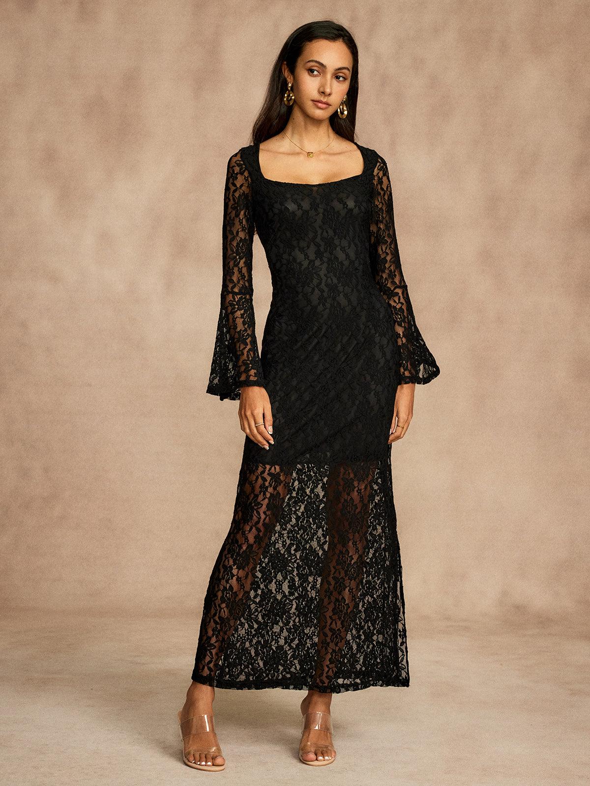 Elegant Lace Bell Sleeve Dress | Black | Evening | Lace - ZyraLux Kleding en accessoires