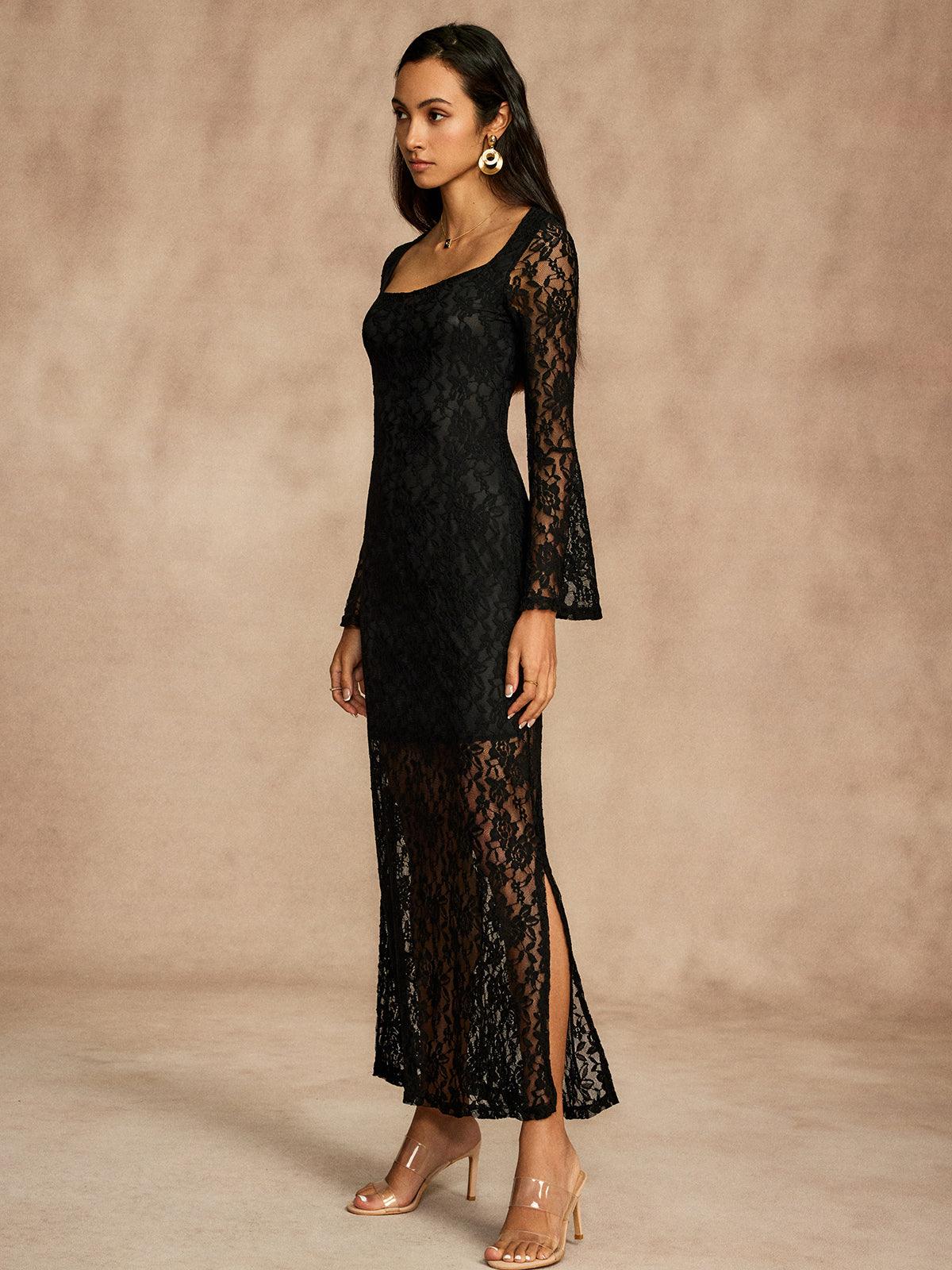 Elegant Lace Bell Sleeve Dress | Black | Evening | Lace - ZyraLux Kleding en accessoires