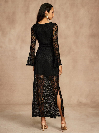 Elegant Lace Bell Sleeve Dress | Black | Evening | Lace - ZyraLux Kleding en accessoires