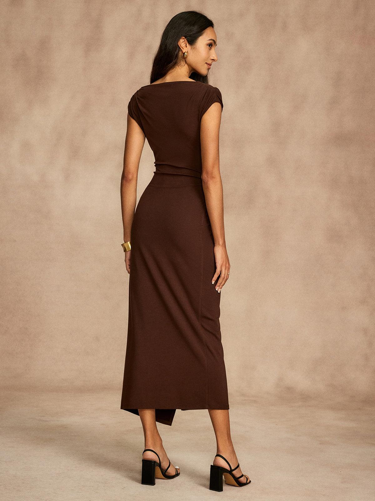 Asymmetric Draped Midi Dress | Brown | Evening | Stretch Jersey - ZyraLux Kleding en accessoires