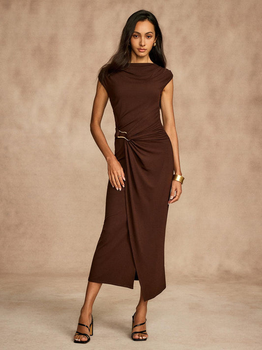 Asymmetric Draped Midi Dress | Brown | Evening | Stretch Jersey - ZyraLux Kleding en accessoires