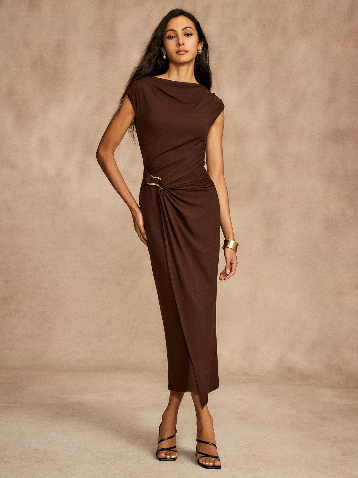 Asymmetric Draped Midi Dress | Brown | Evening | Stretch Jersey - ZyraLux Kleding en accessoires