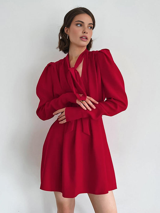 Romantic Tie-Neck Mini Dress | Red | Date Night | Crepe Fabric - ZyraLux Kleding en accessoires