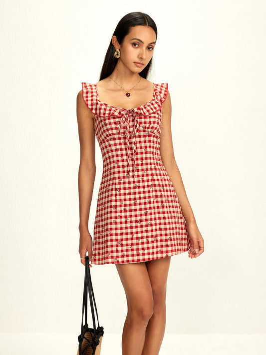 Ruffled Gingham Mini Dress | Red | Summer Casual | Cotton Blend - ZyraLux Kleding en accessoires