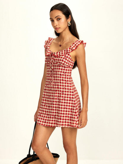 Ruffled Gingham Mini Dress | Red | Summer Casual | Cotton Blend - ZyraLux Kleding en accessoires