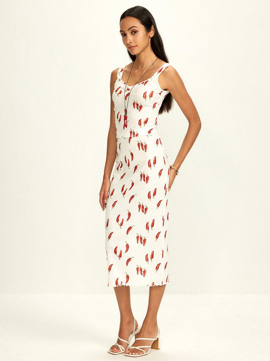 Chili Pepper Print Midi Dress | Beige | Summer Casual | Linen Blend - ZyraLux Kleding en accessoires