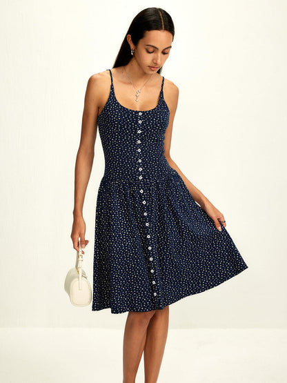 Scoop-Back Floral Midi Dress | Navy | Summer | Cotton - ZyraLux Kleding en accessoires